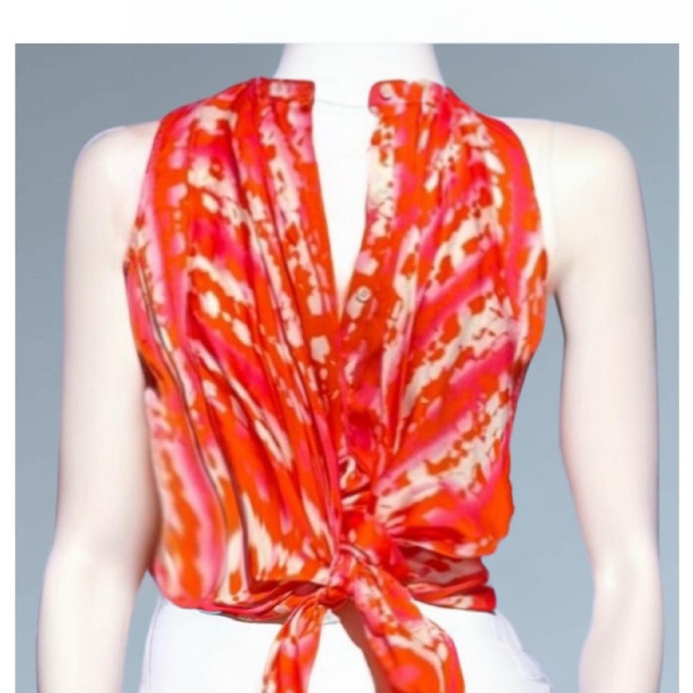 Etcetera 100% Silk Orange Pink Abstract Sleeveless Blouse Tie Scarf Size 2